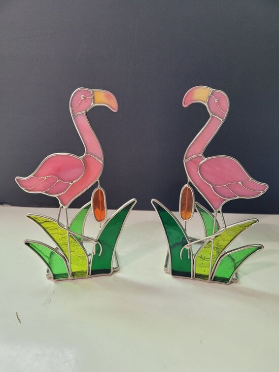 Unknown Other - Stained Glass Flamingo Candle Holders Pink & Green 8 Inches Tall Set Of 2